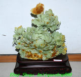 16.9''Chinese Natural Xiu Jade Carving Peony Flower Butterfly Statue Sculpture Peony