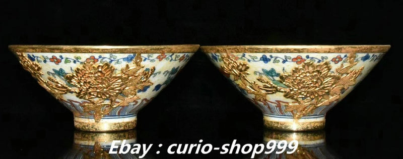 6.7"Ming Chenghua Marked Doucai Porcelain Gilt Peony Flower Tea Bowl Bowls Pair Peony