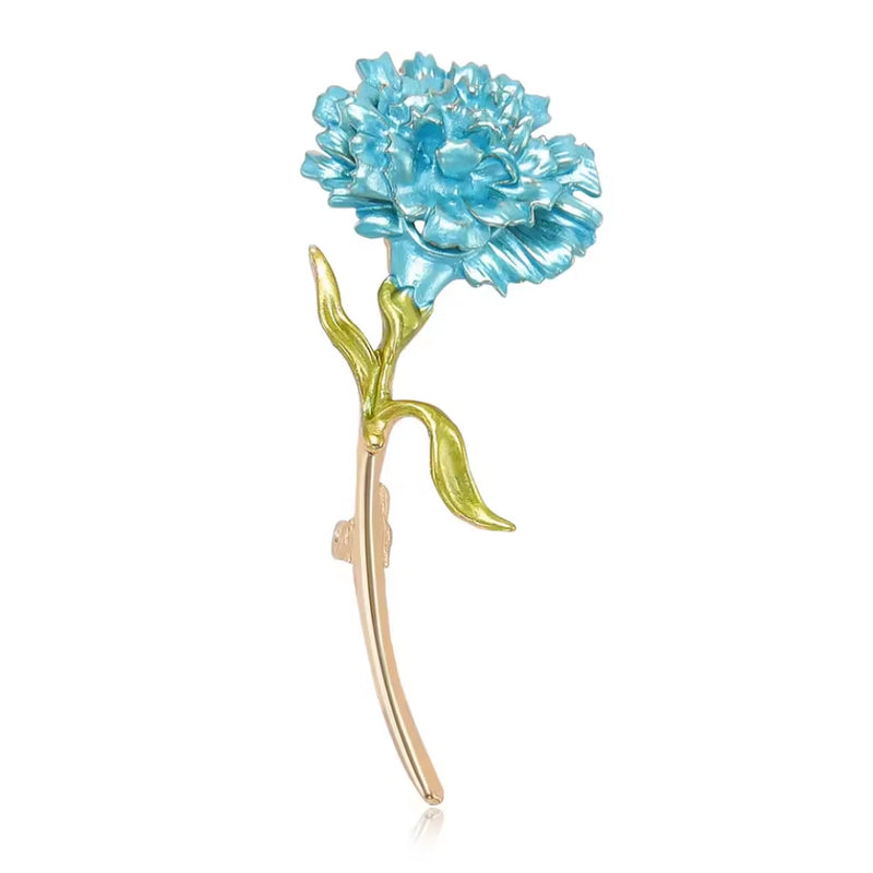 Blue enamel carnation brooch pin with gold stem