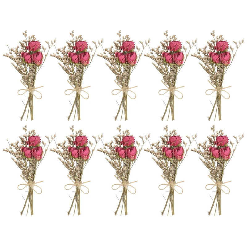 Mini rose dried flower bouquets, rose-red blooms with twine-wrapped stems (set of 10)