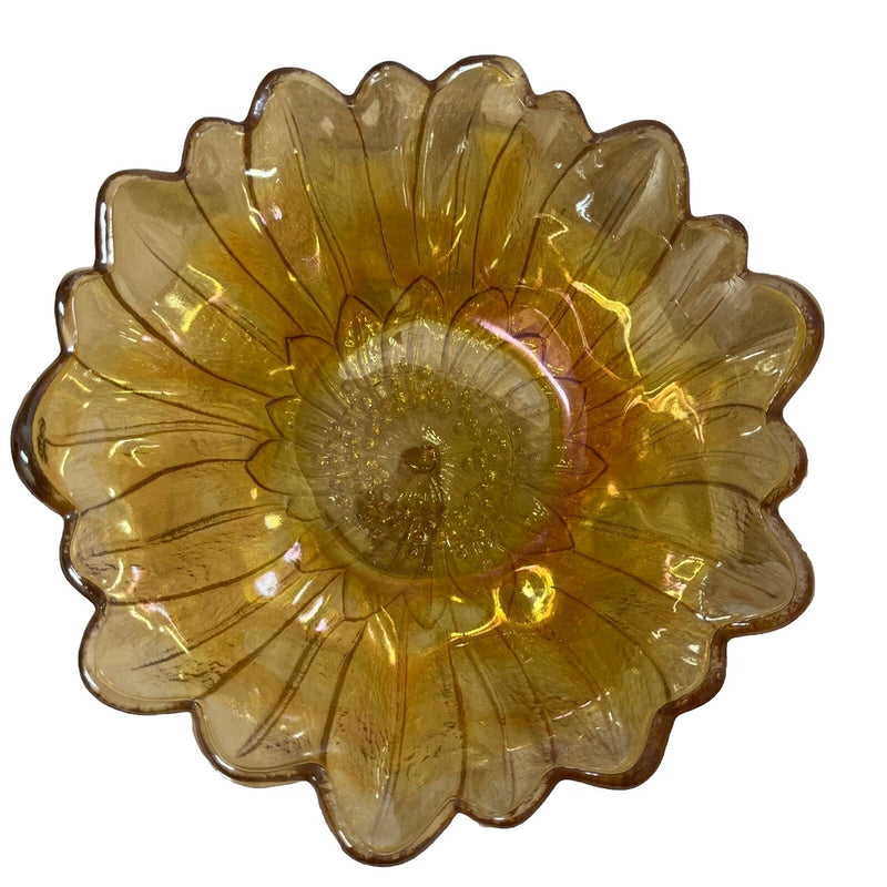 Vintage Indiana Carnival Glass Sunflower Marigold Amber 7" Bowl MCM Sunflower