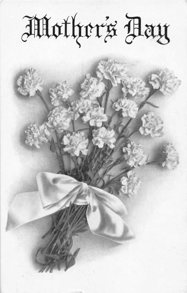 Mother's Day postcard featuring illustrated bouquet of white carnations with ribbon