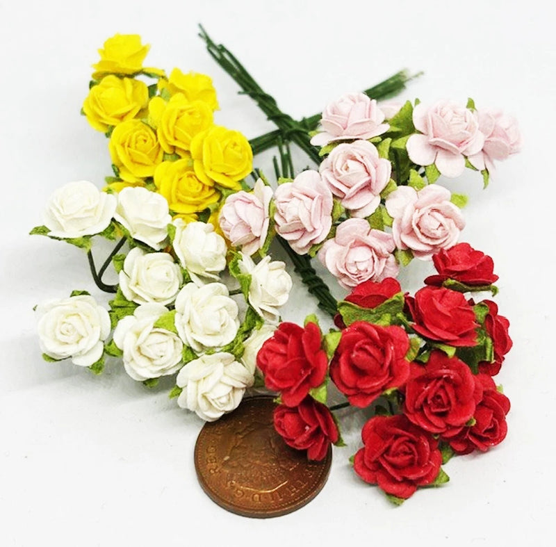 Mini dollhouse paper rose bunches, mixed yellow pink red and white flowers