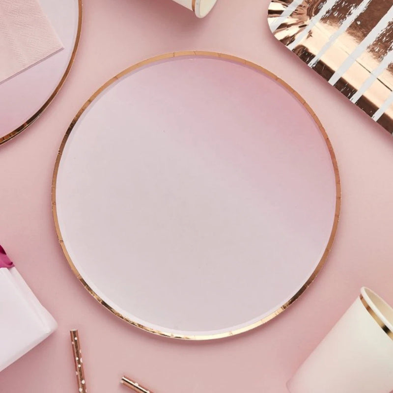 Pink paper plate with rose gold rim, round party tableware