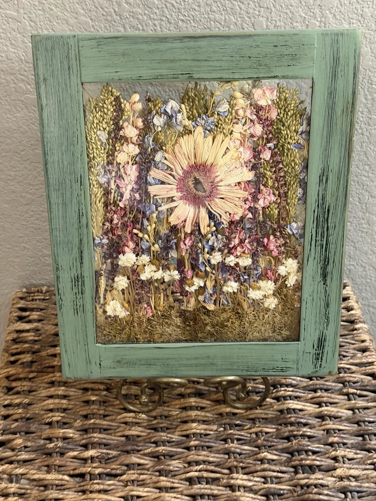 Handmade Pressed Wildflower Art In Distressed Sage Frame Cottage Farmhouse Decor Dried Flower