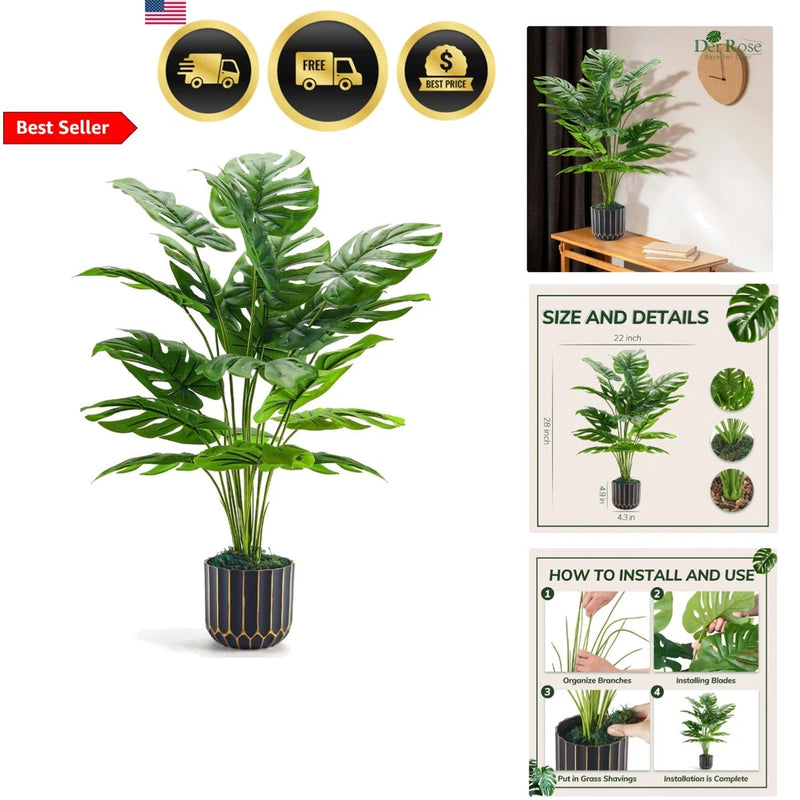 Artificial monstera plant with green leaves in black and gold pot, indoor decor