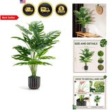 Artificial 28 Inch Monstera Plant Faux Indoor Tall Decor in Black Gold Pot Green Plant