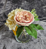 NWT spring summer white, yellow, neutral floral arrangement with glass vase, 9" Hydrangea