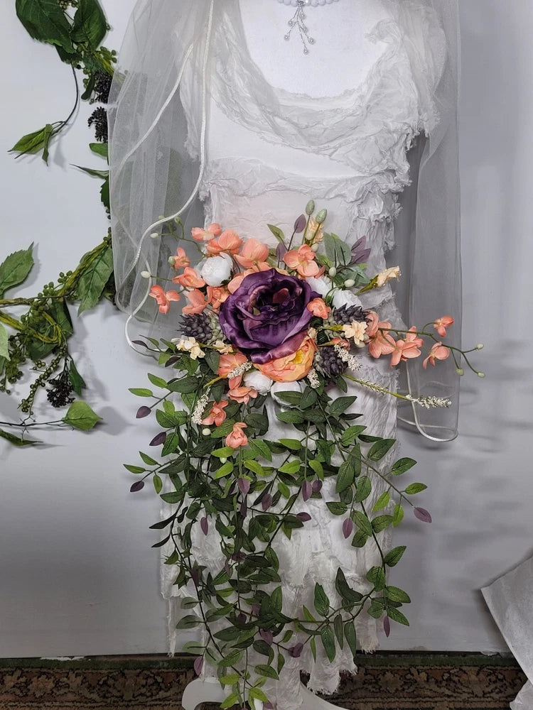 27 Inch Long Purple, Peach And White Cascading Bridal Bouquet Bouquet