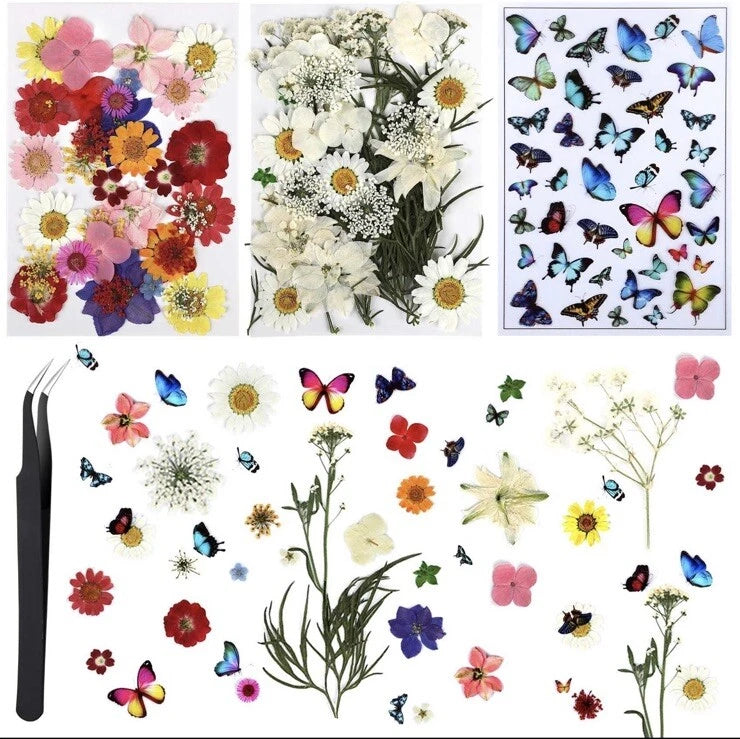 Assorted dried flower and butterfly tattoo stickers for crafts, resin, and DIY projects