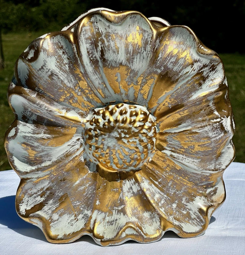 Flower-shaped ceramic art vase with scalloped rim, gold and antique silver swirl finish