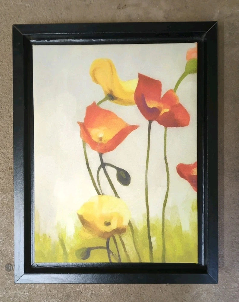 Framed watercolor lily flower print with yellow and red blooms and green stems