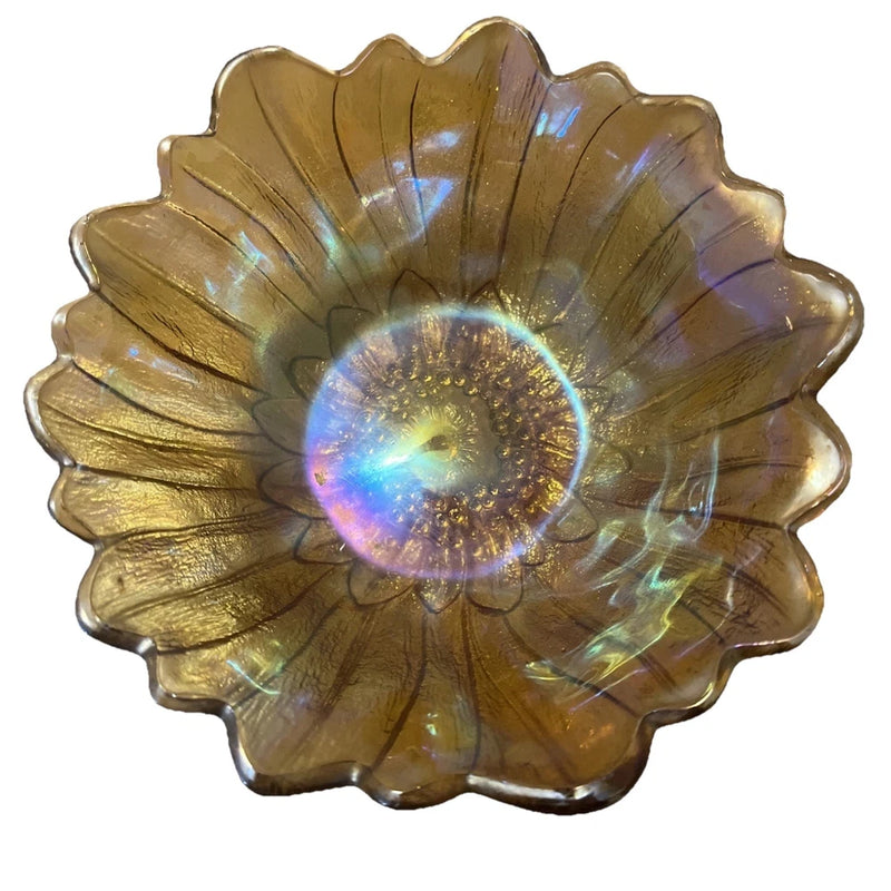 Vintage Iridescent Marigold Carnival Glass Flower Daisy Sunflower Candy BowlÊ7" Sunflower