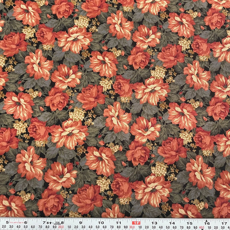 Madeline by RJR Fabrics 2005 Florals on Black Cotton Fabric by the HALF YARD Flowering Plants