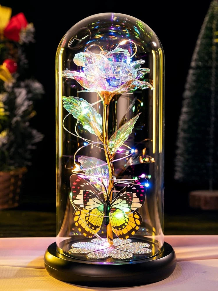 Clear dome glass rose gift with LED lights and butterfly accents on base