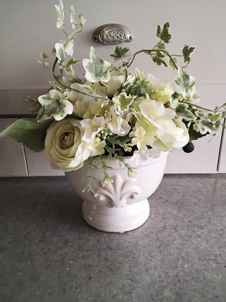 White on White Artificial Roses & Hydrangeas with Greens in Ceramic Cream Pot Hydrangea