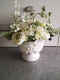 White on White Artificial Roses & Hydrangeas with Greens in Ceramic Cream Pot Hydrangea