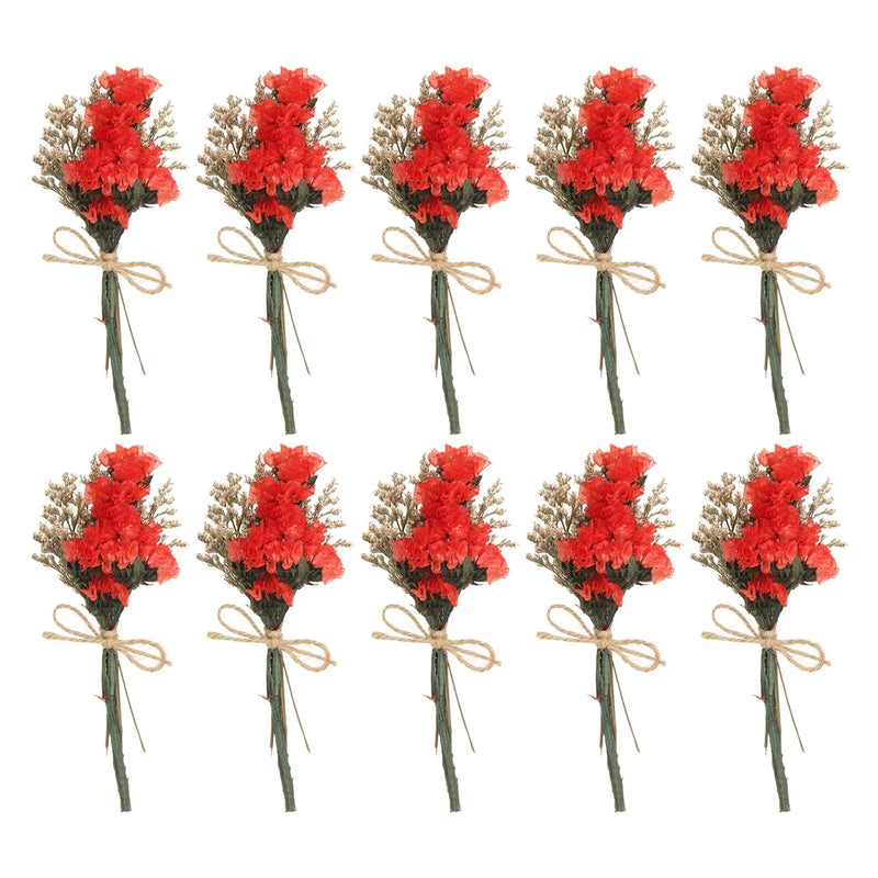 Set of 10 mini red dried flower bouquets with baby's breath and forget-me-not