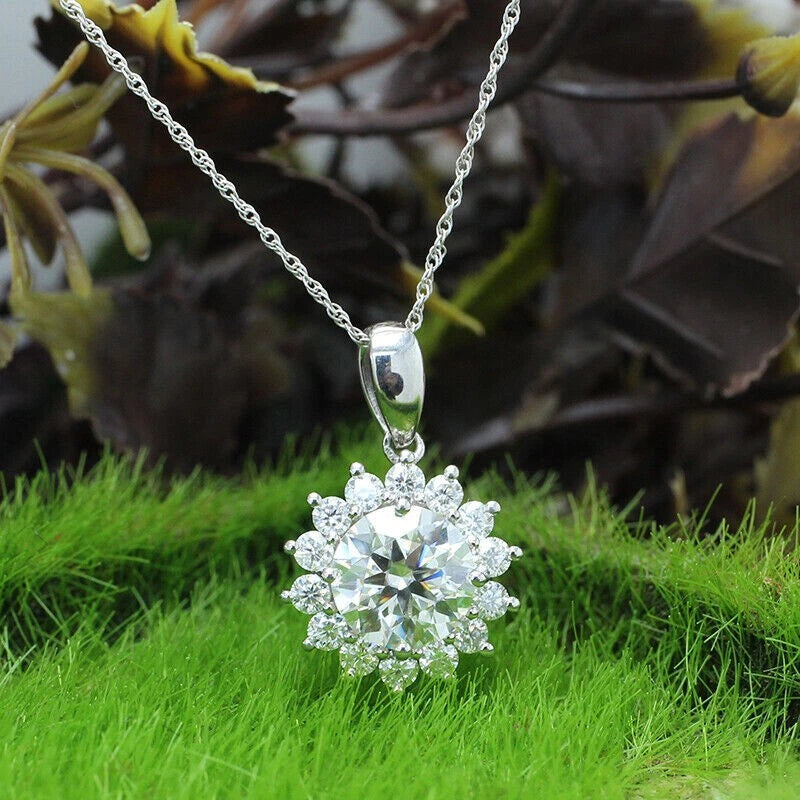 3CT Moissanite Sunflower Pendant Necklace 18K White Gold Plated Sunflower