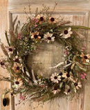 Primitive Farmhouse Rustic TEA STAIN DAISY WREATH Prairie Grass Spring Flowers Daisies