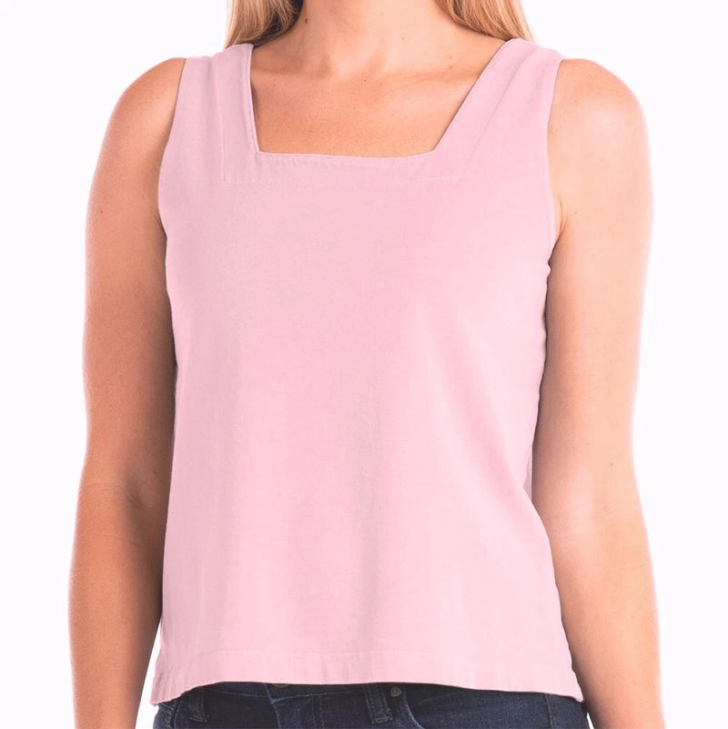 Blush pink boxy cotton jersey tank top with square neckline and sleeveless design