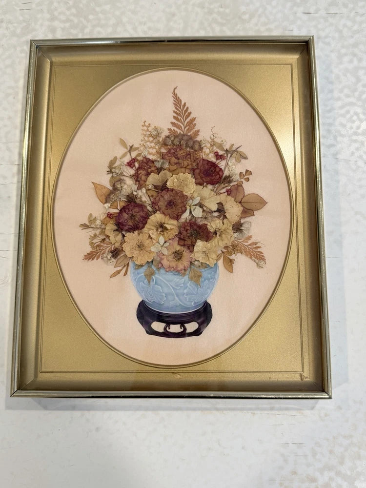 Framed vintage dried flower wall art, oval floral arrangement in blue vase
