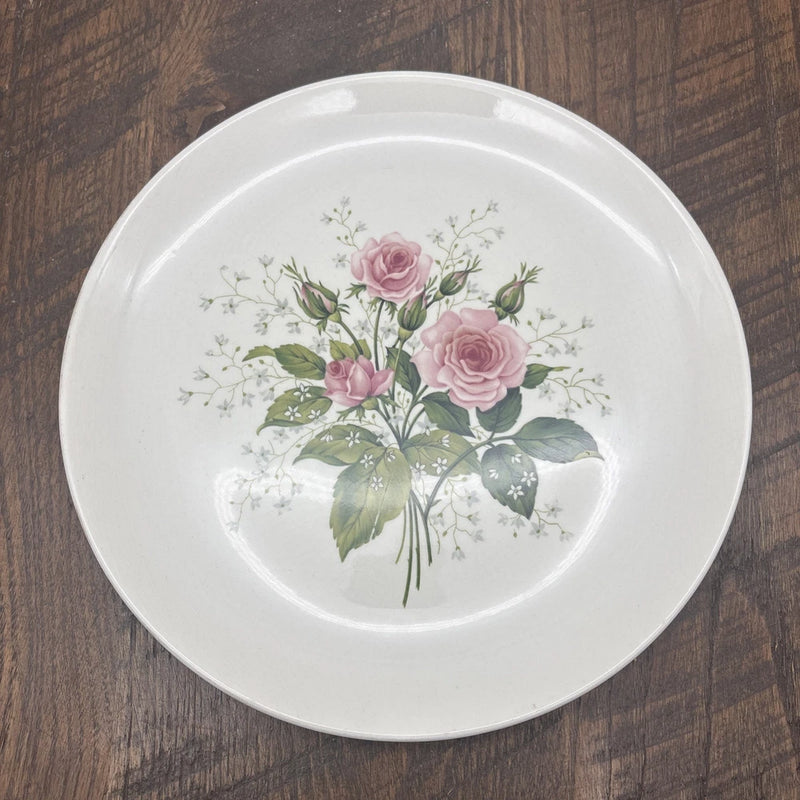 Vintage garden rose plate, 9.5" round white porcelain with pink roses bouquet