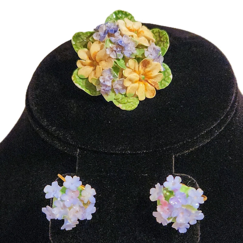 Crown Staffordshire Brooch Earrings Set England Floral Hydrangea Primrose Spring Hydrangea