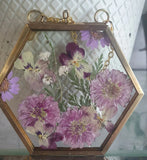 Wall Art Dried Pressed Real Flowers in Glass frame hexagon Handmade Dried Flower
