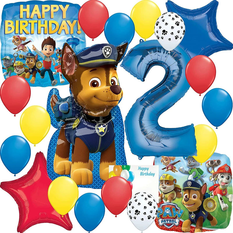 Paw Patrol balloon bouquet with Chase dog, number 2 foil and paw-print balloons