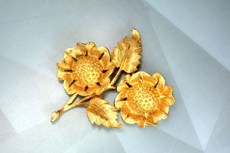 Vintage Designer Heavy Sunflower Brooch Pin Golden Textured Sunflower