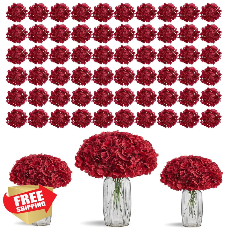 KISLOHUM 80pc Burgundy Hydrangea Silk Flower Heads with Stems Wedding Decor Hydrangea