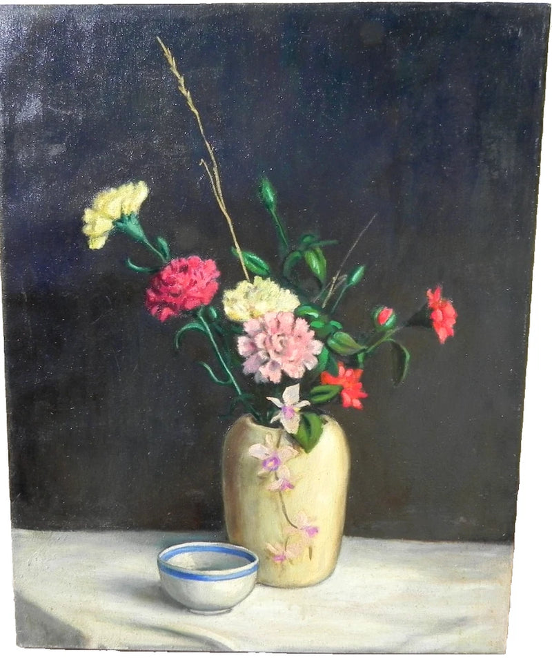Floral still life painting with bouquet in cream vase and small candle holder