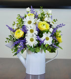 Silk Daisies, Ranunculus and Lavender Arrangement in White Metal Watering Can Ranunculus