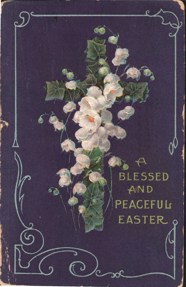 Easter lilies postcard with cross-embossed floral design and text “BLESSED AND PEACEFUL”