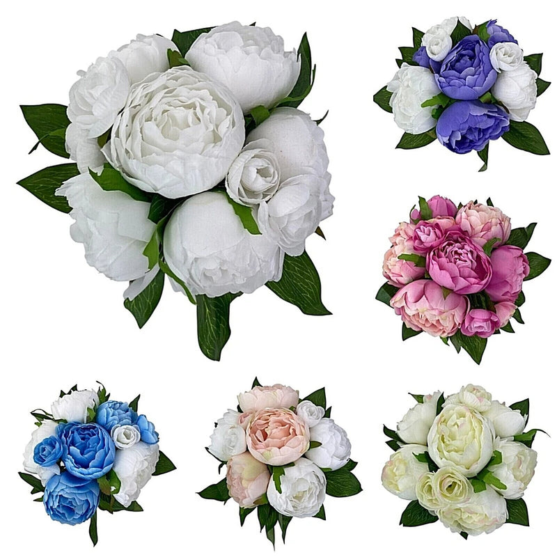 Artificial peony flower bouquet set with white, purple, pink, blue, and cream blooms