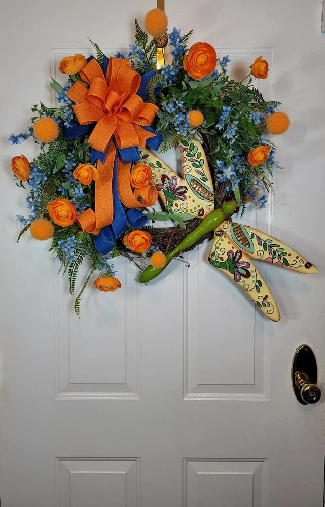 Ranunculus & Wild Flower Dragonfly Wreath, Ranunculus Dragonfly Grapevine Wreath Ranunculus