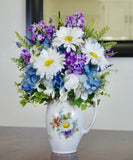 Silk Daisy and Lilac Arrangement in 1800's Germany Lusterware Coffee Pitcher Hydrangea