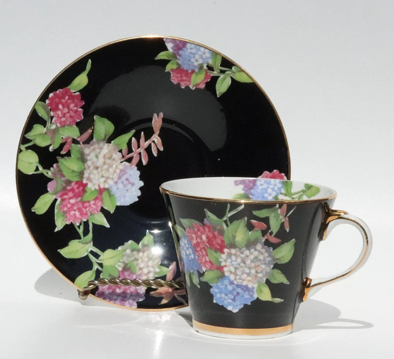 AYNSLEY BLACK FLORAL HYDRANGEAS Ð #B4556 PINK BLUE FLOWERS  W/GOLD 1934-1939 Hydrangea