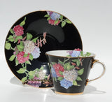 AYNSLEY BLACK FLORAL HYDRANGEAS Ð #B4556 PINK BLUE FLOWERS  W/GOLD 1934-1939 Hydrangea