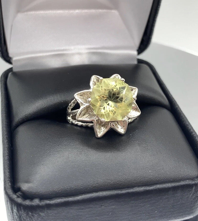 3.87ct 10mm Sunflower-Cut Lemon Quartz Round Brilliant Faceted Silver Ring Sunflower