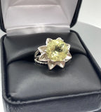3.87ct 10mm Sunflower-Cut Lemon Quartz Round Brilliant Faceted Silver Ring Sunflower