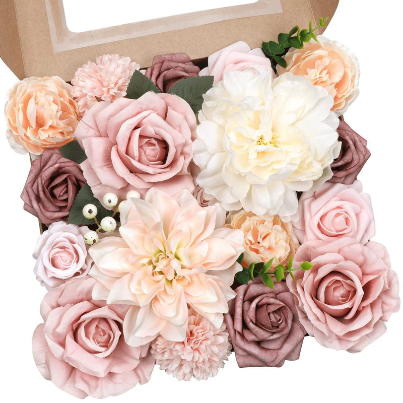 Blush and champagne artificial flower bouquet with peony, roses, and greenery leaves