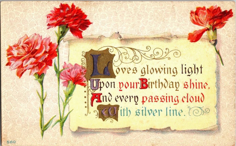 Antique birthday postcard with red carnations and vintage poem text