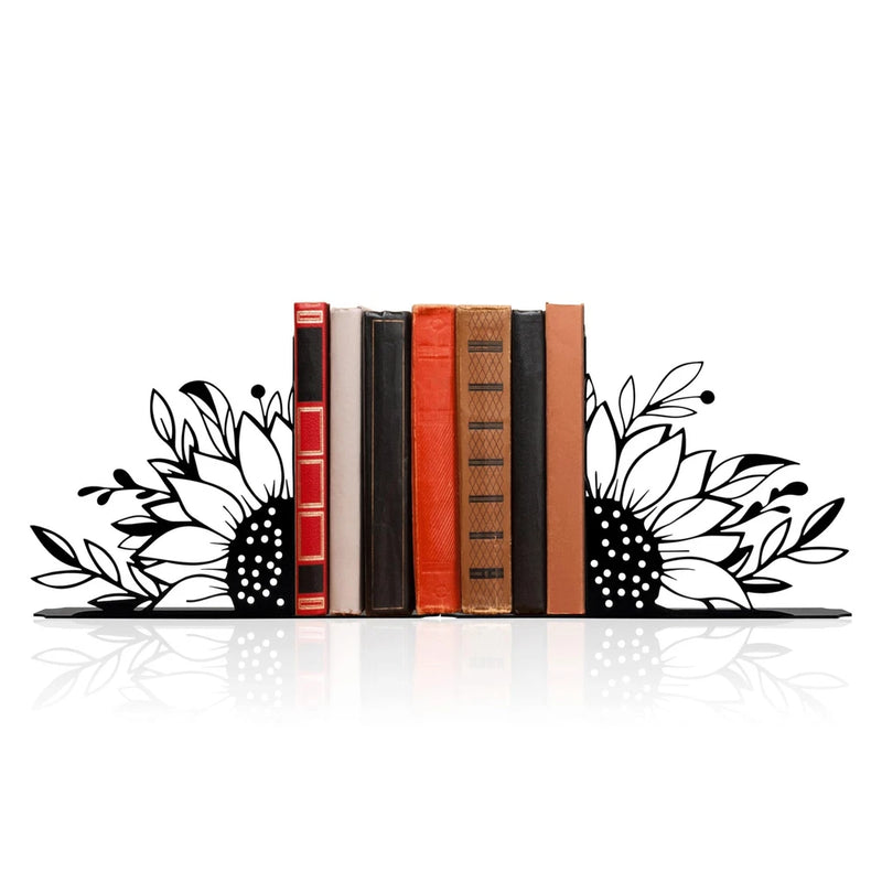 Decorative flower bookends holding upright books on a shelf