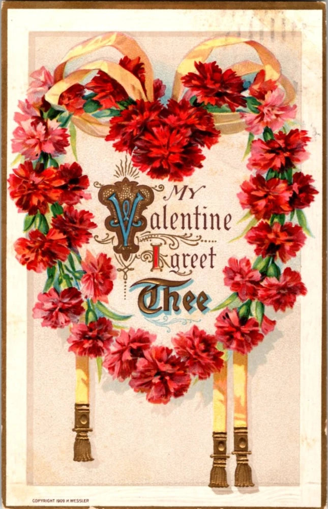Pre-Linen valentine HEART OF CARNATION FLOWERS WITH YELLOW RIBBON a/07 BJ6843 Carnation