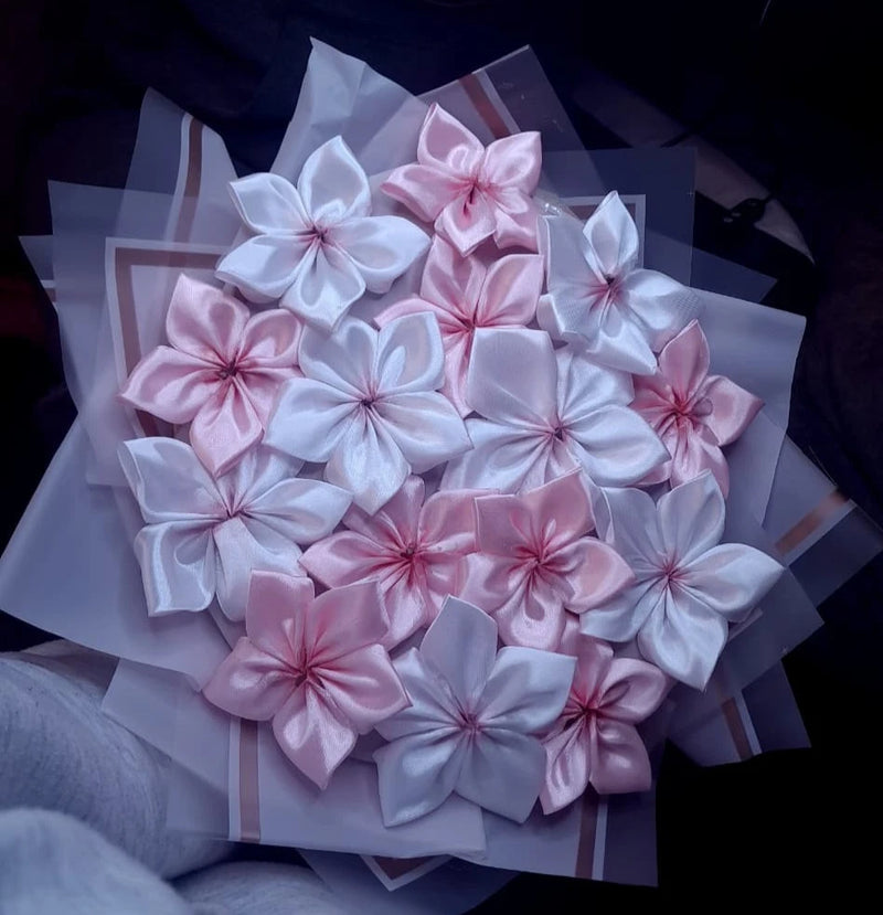 Pink White Satin Rose Bouquet Handmade Wedding Anniversary Flower Gift Bouquet