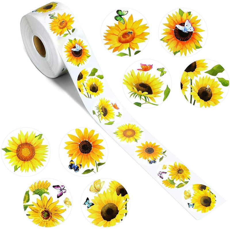 Roll of round sunflower envelope seal stickers with colorful flowers and bees