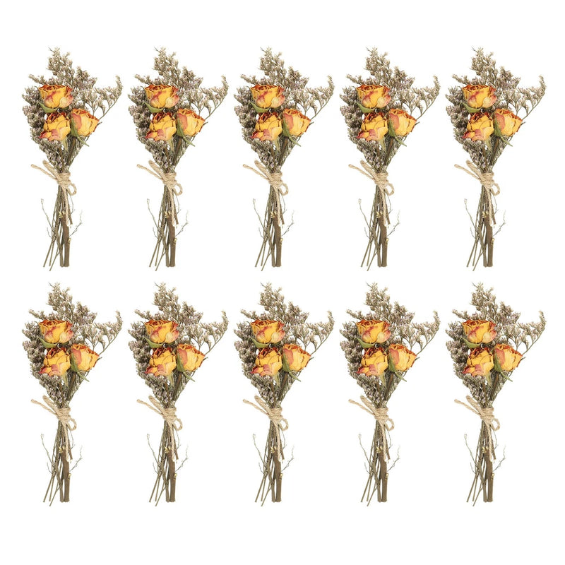 Set of 10 mini dried flower bouquets with yellow and red blooms and baby's breath
