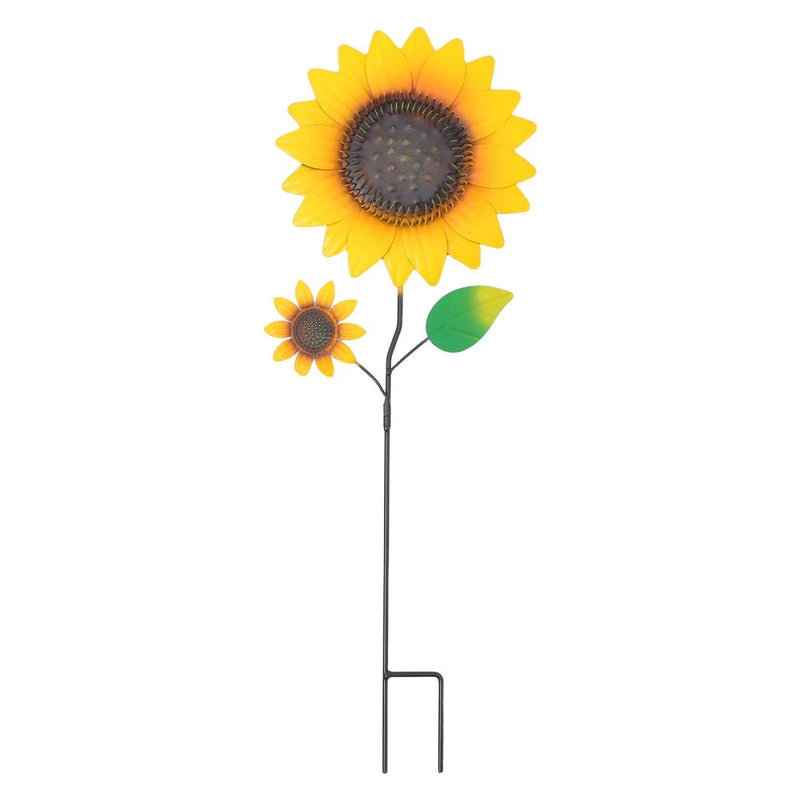 Sunflower garden stake with yellow bloom, small flower, green leaves, and two-prong metal base